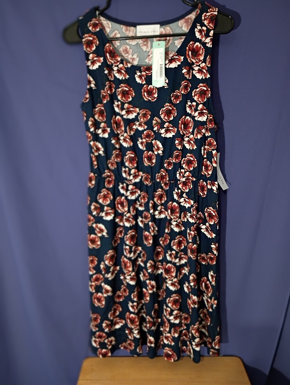 French Grey Navy Floral Knit Dress with Pink & Cream Roses